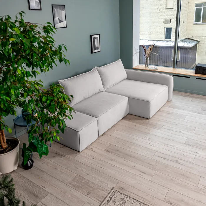 ПОРТЛЕНД Диван угловой с банкеткой светло-серый, букле