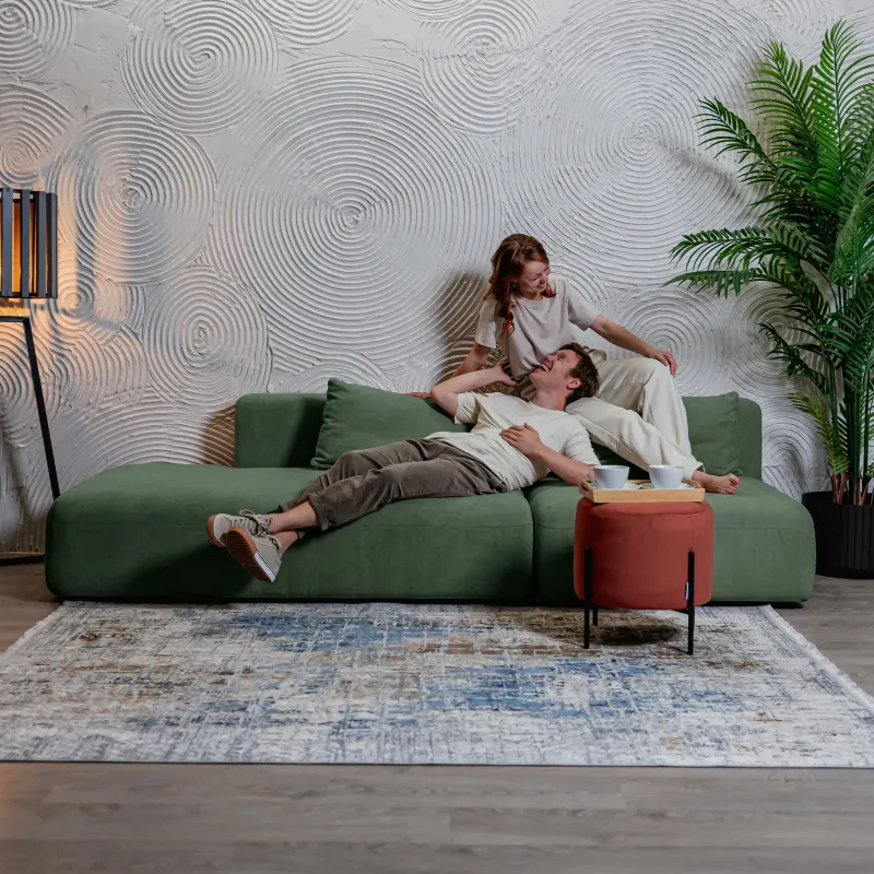 НОВЫЕ ЭМОЦИИ Диван прямой, темно-зеленый, банкетка слева