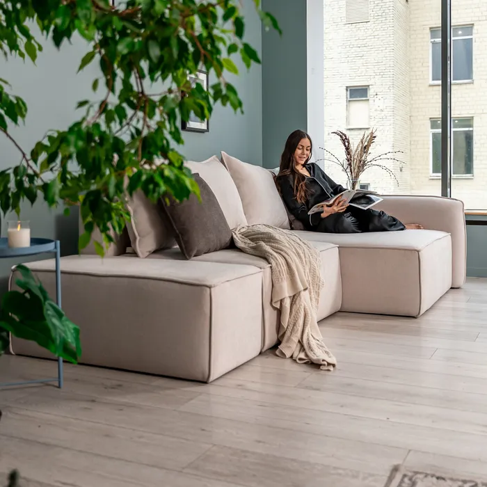 ПОРТЛЕНД Диван угловой с банкеткой светло-бежевый, букле