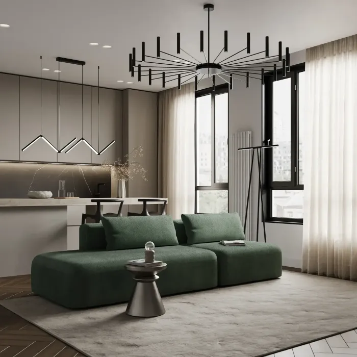 НОВЫЕ ЭМОЦИИ Диван прямой, темно-зеленый, банкетка слева