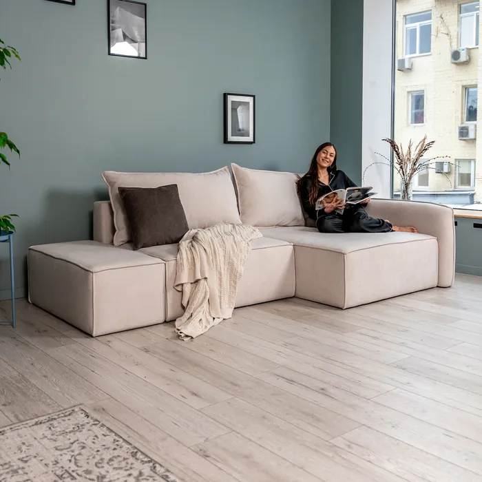 ПОРТЛЕНД Диван угловой с банкеткой светло-бежевый, букле