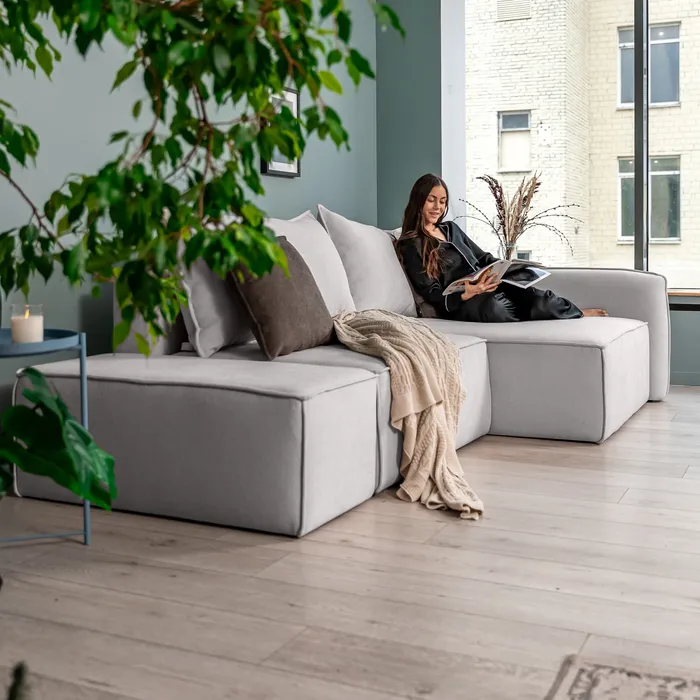 ПОРТЛЕНД Диван угловой с банкеткой светло-серый, букле