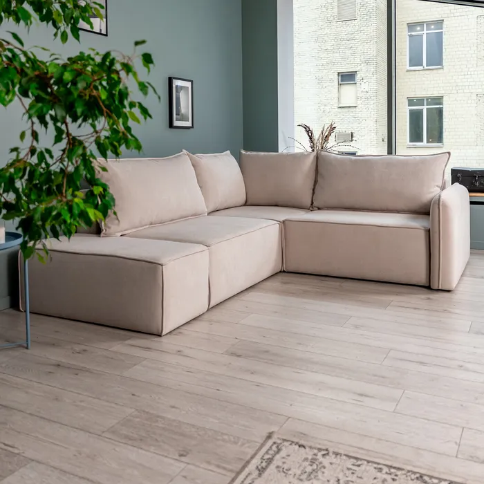 ПОРТЛЕНД 2XL Диван угловой с банкеткой светло-бежевый, букле