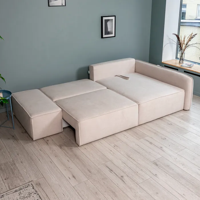 ПОРТЛЕНД Диван угловой с банкеткой светло-бежевый, букле