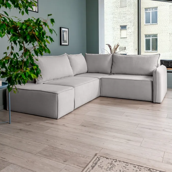 ПОРТЛЕНД 2XL Диван угловой с банкеткой светло-серый, букле