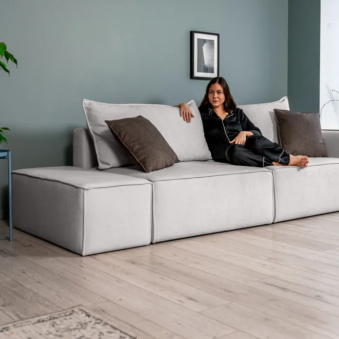 ПОРТЛЕНД Диван прямой с банкеткой светло-серый, букле