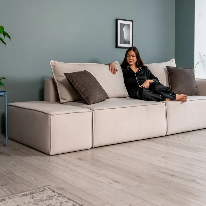 ПОРТЛЕНД Диван прямой с банкеткой светло-бежевый, букле